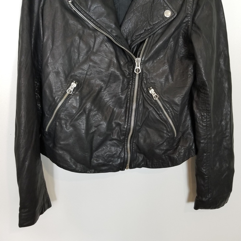 Madewell Washed Leather Motorcycle Jacket Women Sz M Black Asymmetrical Zip - Picture 3 of 9